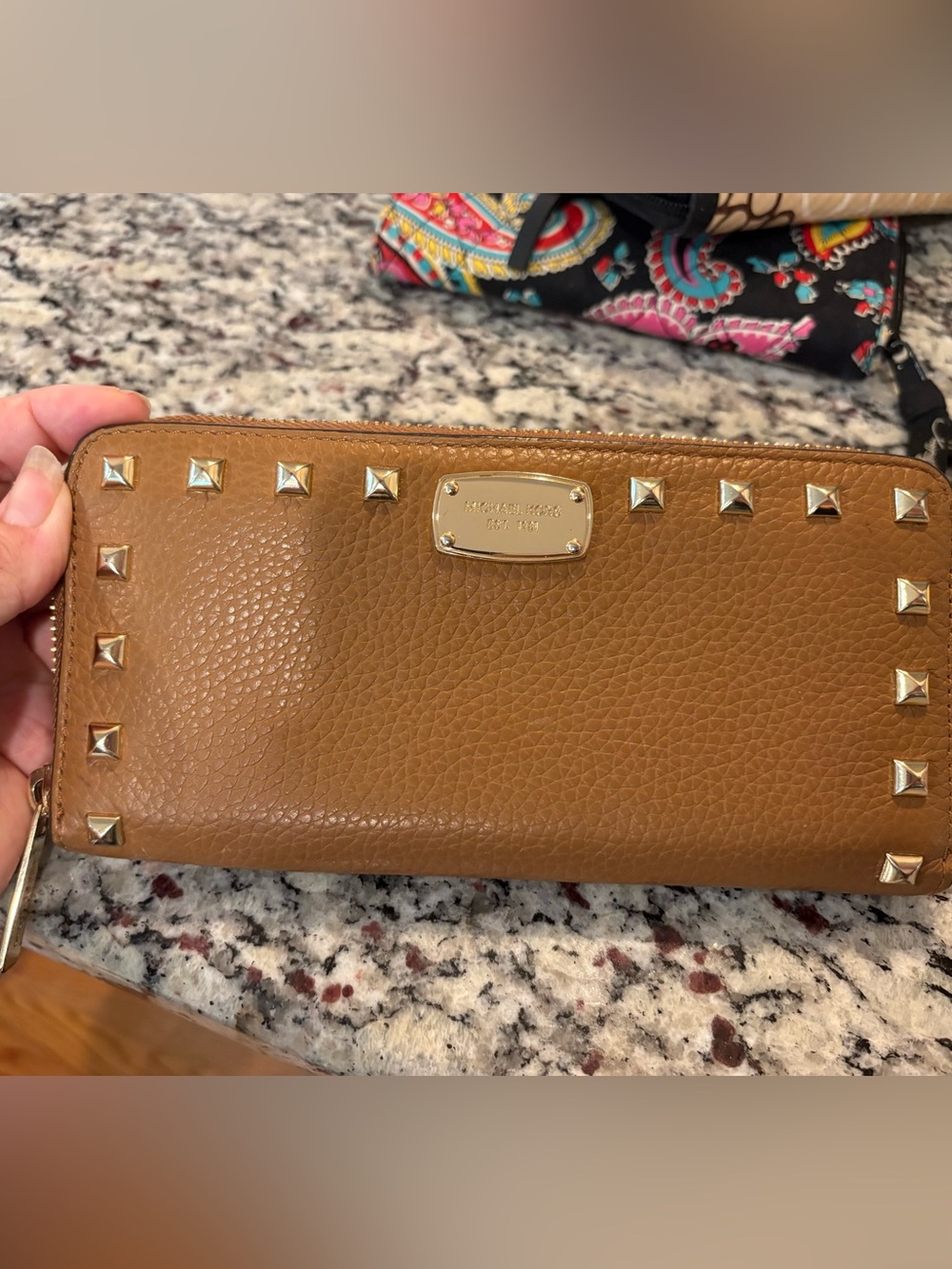 Michael Kors Tan Leather Studded Zip Wallet with Gold Hardware